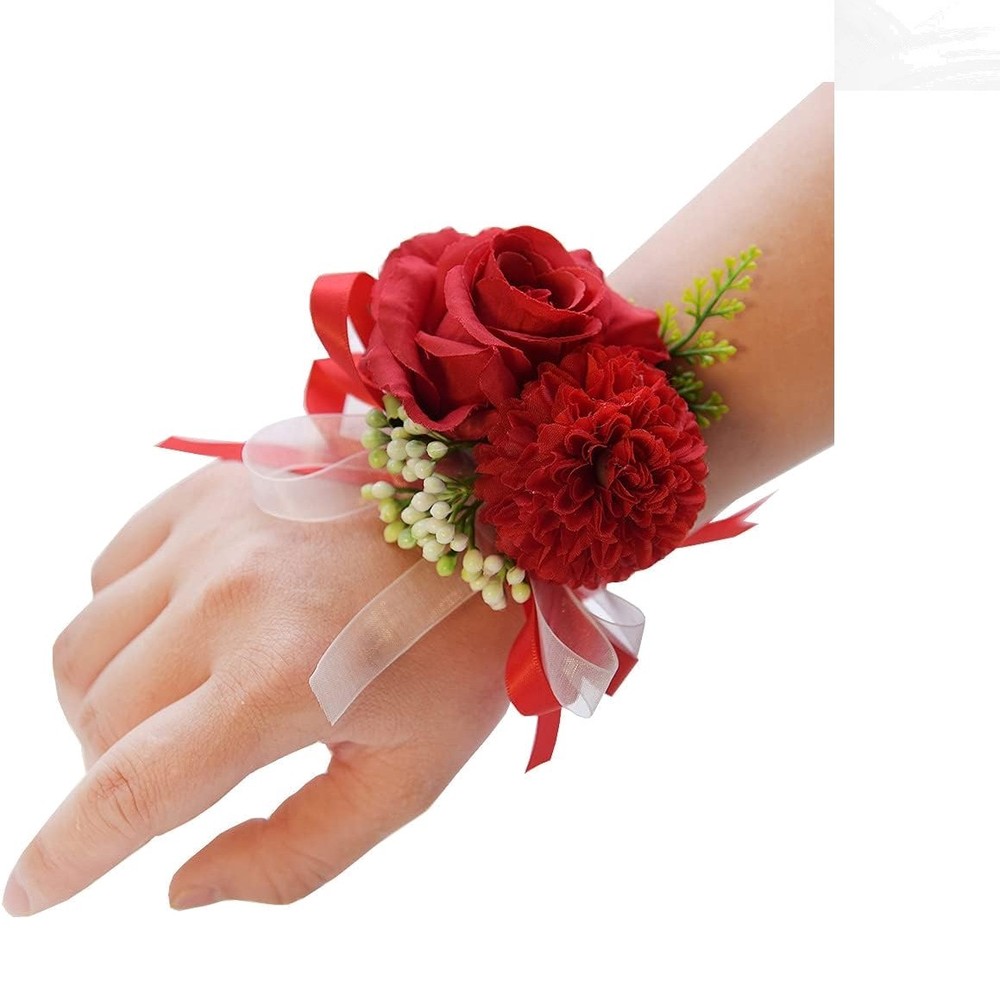 Elegant Handmade Red Rose Wrist Corsage Set of 2 for Weddings & Parties