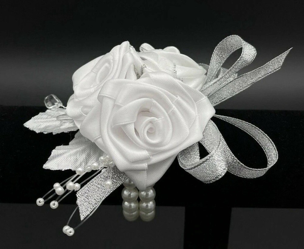 Handmade Bridal Satin Rose Wrist Corsage, Silver Anniversary Corsage 5″