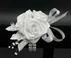 Handmade Bridal Satin Rose Wrist Corsage, Silver Anniversary Corsage 5″