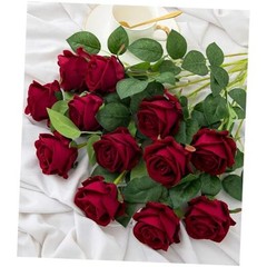 12PCS Artificial Flowers Fake Roses, Realistic Velvet Long Stem Red Roses Wine