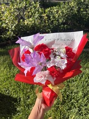 Handmade Soap Flower Bouquet Red Roses & Lavender Gift Set w/ Light & Bag