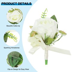 4 Pcs Artificial Rose Wrist Corsage and Boutonnieres Set Wedding White