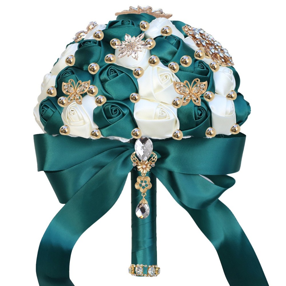 Ivory Green Rose Bud wedding bouquet bridal artificial Quinceanera bouquet