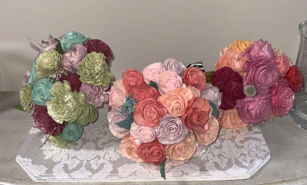 Sola brand faux floral bouquets wood carved roses & more 3 bouquets total