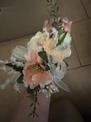 Wrist Corsage with Salmon and Peach, Pink Hues w/a Bow.Prom, Formal,Mothers Day.