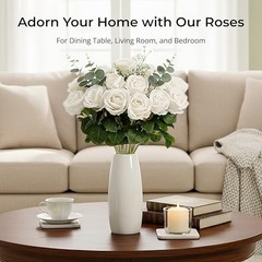 14PCS Roses Artificial Flowers, Velvet Silk Faux Roses with Long Stems White