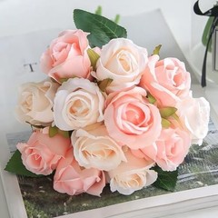 Artificial Roses Flowers 12 Heads Arrangement Silk Bouquet Pink With Champagne