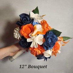 Orange Navy Blue Ivory Rose Calla Lily Sola Wood Bridal Wedding Bouquet Accessor