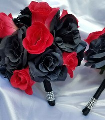 24 Pc Black Rose, Pink / Yellow Rose Bridal Bouquet Set, Wedding Bouquet Package