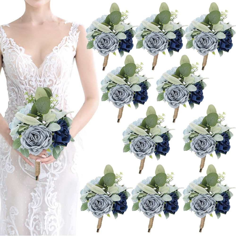 10 Silk Rose Bridesmaid Bouquets – Rustic Blue Floral Centerpieces, 7 Inch