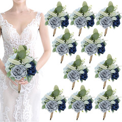10 Silk Rose Bridesmaid Bouquets – Rustic Blue Floral Centerpieces, 7 Inch