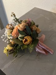 Artificial Rose Bouquet Peach Yellow Ribbon Wrap Wedding Floral Arrangement