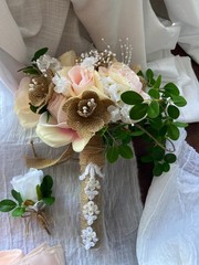 Bride Wedding Handmade Bouquet & Boutonniere. Blush pink and white .
