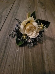 Steel Blue Wedding Bouquet, Dusty Blue, Ivory, Silk Roses, Men’s Boutonniere 