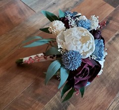 Burgundy Dusty Blue Sola Wood Bridal Bouquet Artificial Cascade Wedding Flowers