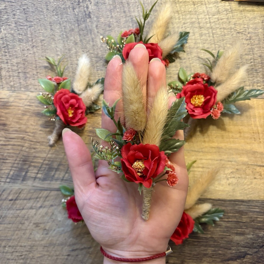 Red Boutonnieres for Men/Groom Wedding Set of 6 Artif/Dried Flowers Handmade