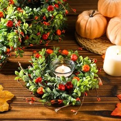 6 Pcs Thanksgiving Candle Rings Wreaths Decorative Artificial Orange, Green