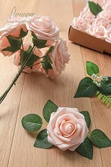 Artificial Flowers 25pcs Real Looking Blush Foam Fake Roses with Stems for