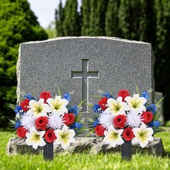 MARTINE MALL 2 Sets Artificial Cemetery Flowers 2 Sets, Red & White & Blue