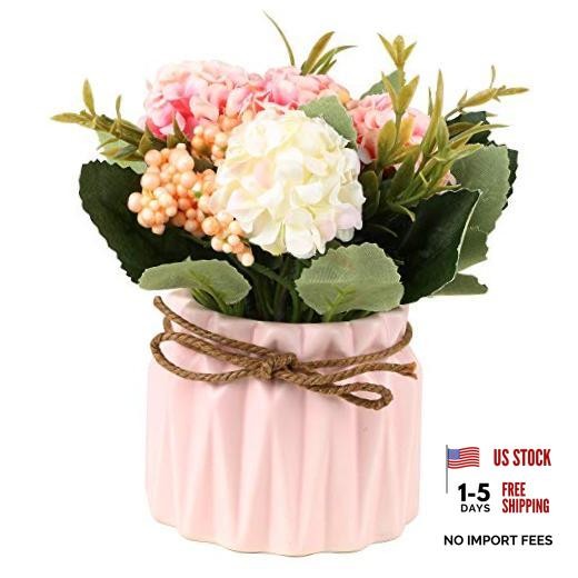 Artificial Hydrangea Bouquet with Small Ceramic Vase Fake Silk Variety Pink