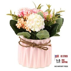 Artificial Hydrangea Bouquet with Small Ceramic Vase Fake Silk Variety Pink