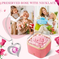 Beferr Valentines Day Gifts for Her Preserved Real Rose with Necklace B Pink