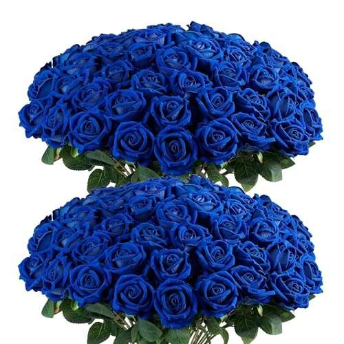 PCS Fake Roses, Artificial Flowers, Silk Faux Rose with Long Stems for 60 Blue