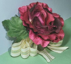 Large Deep Red Velveteen Silk Rose & Bow Corsage Princess “Kachi” Garden Flower