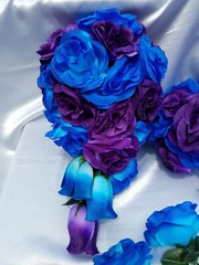 22 PC Wedding Bouquet Package, Purple & Blue & Black, Cascading Wedding Bouquet