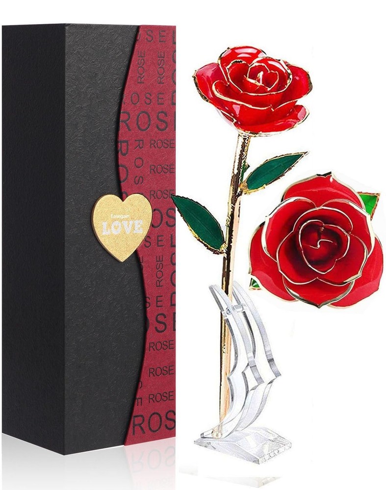 Easegain Gold Dipped Rose 24k Red Straight Stem, (With Stand)