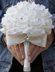 White Foam Rose Wedding Bouquet with Rhinestones and Ribbon Handle, 9.84 in