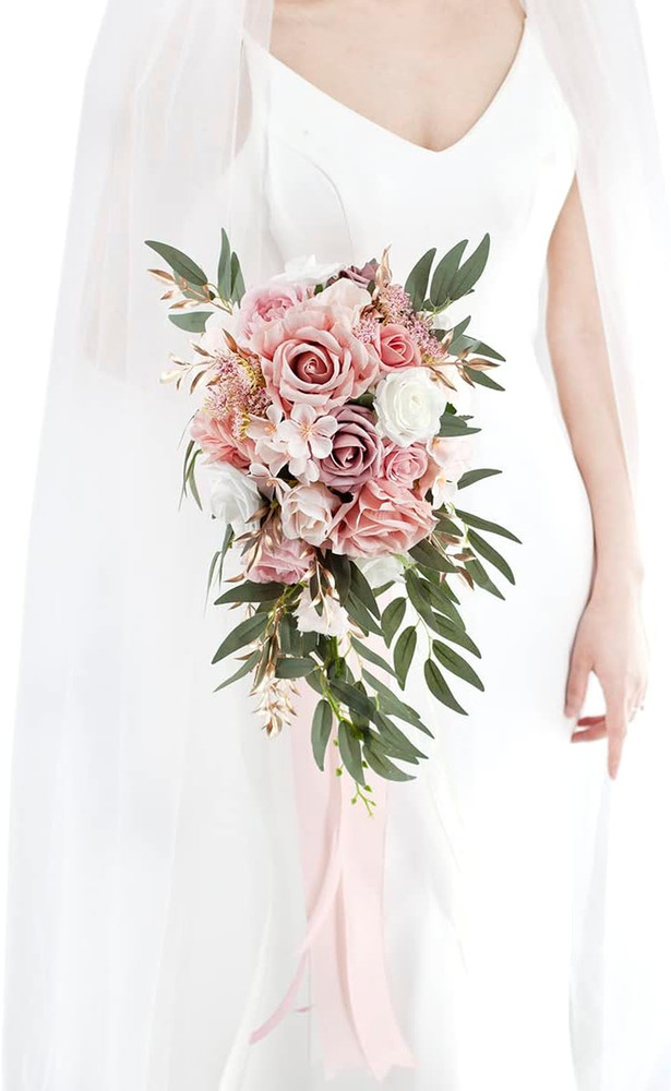 Dusty Rose Cascading Bridal Bouquet – Artificial Silk Flowers for Weddings