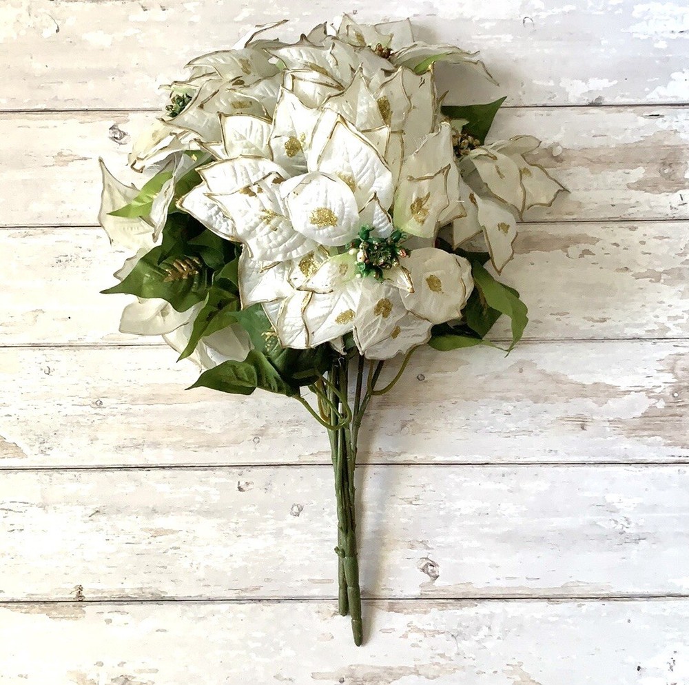 White Poinsettias Faux Florals Flower Christmas Winter Bouquet x2