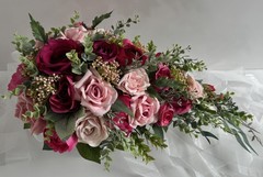 Cascading Wedding Bouquet Hot Pink Dusty Pink Roses Berry Flower Eucalyptus Gum