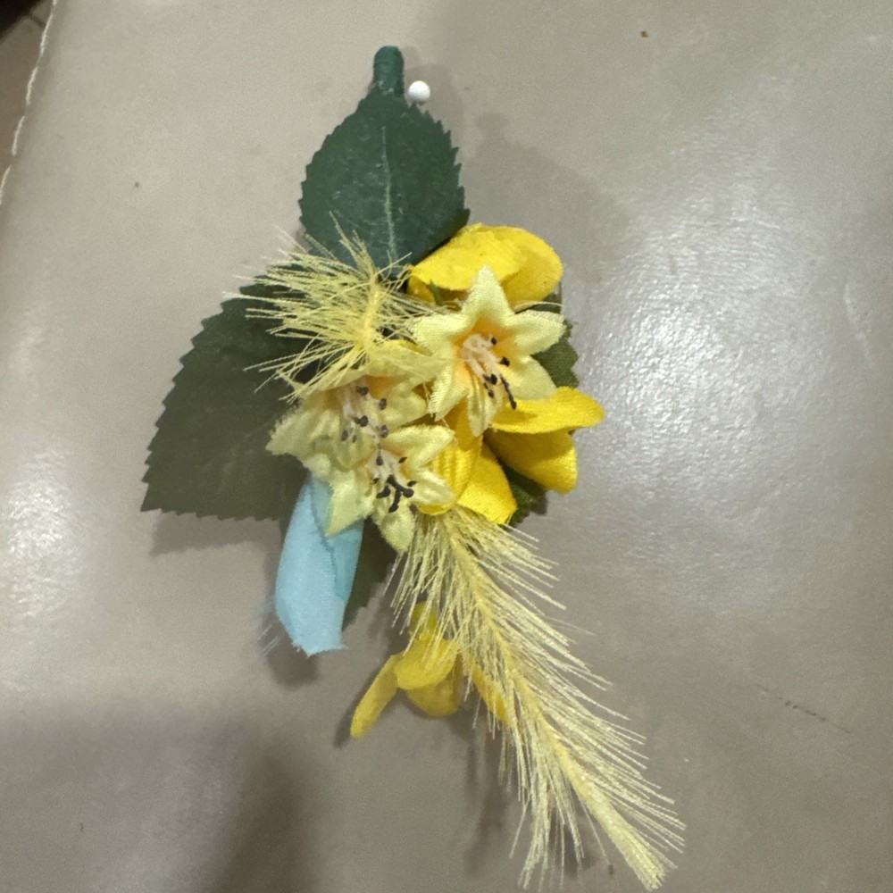Silk Boutonnière Yellow Flowers & Filler. Yellow Ribbon On Stem Perfect For Prom