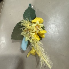 Silk Boutonnière Yellow Flowers & Filler. Yellow Ribbon On Stem Perfect For Prom