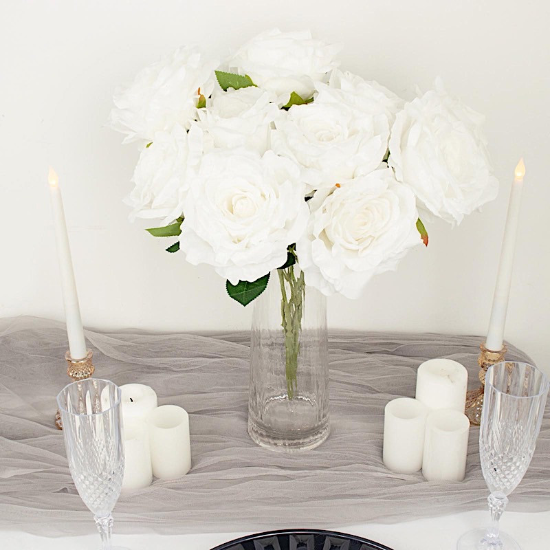 WHITE 2 Bushes 17″ Premium Silk Roses Artificial FLOWERS Bouquets Party Events