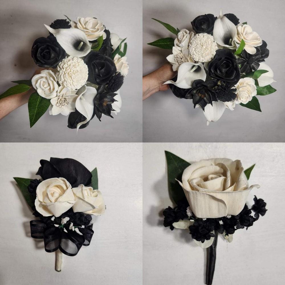 Black White Rose Calla Lily Sola Wood Bridal Wedding Bouquet Accessories