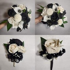 Black White Rose Calla Lily Sola Wood Bridal Wedding Bouquet Accessories