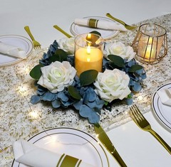 Artificial Flower Candle Ring 12″ w/6″ Inner Rose Floral Wreaths 2 Pack Blue