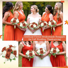 Set of 6 Artificial Bridesmaid Bouquets – Burnt Orange & White Floral Decor