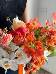 Orange Flower Fields faux wedding bouquet w. orchid, ranunculus, rose, daisy