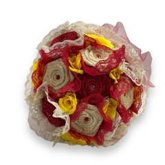 Bride Wedding Bouquet Red Yellow White Cream Burlap Rose Flower Lace Handmade