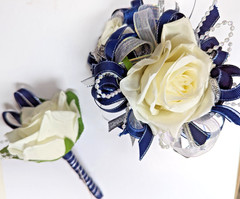 Navy Blue and Ivory SILK Flower Wrist Corsage & Boutonniere Set, Prom wedding