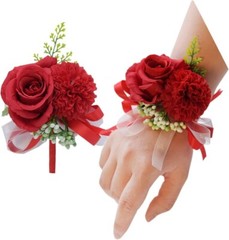 2 Pack Silk Flower Wrist Corsage & Boutonniere Set for Wedding Decor Red 3″