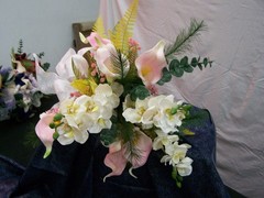 Pink cala lily and white orchid floral bouquet w/ matching boutonniere