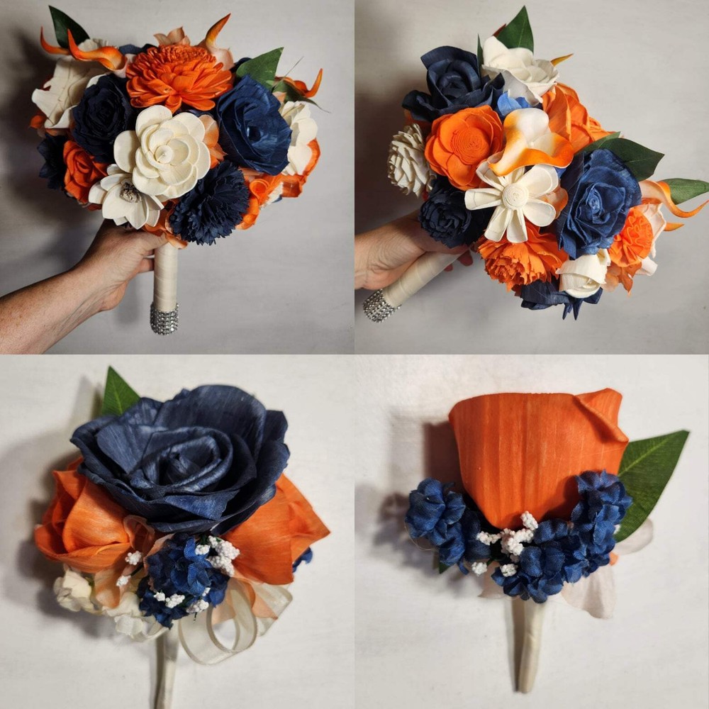 Orange Navy Blue Ivory Rose Calla Lily Sola Wood Bridal Wedding Bouquet Accessor