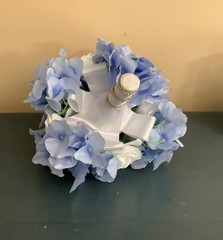 Periwinkle Hydrangea and white rose wedding bouquet