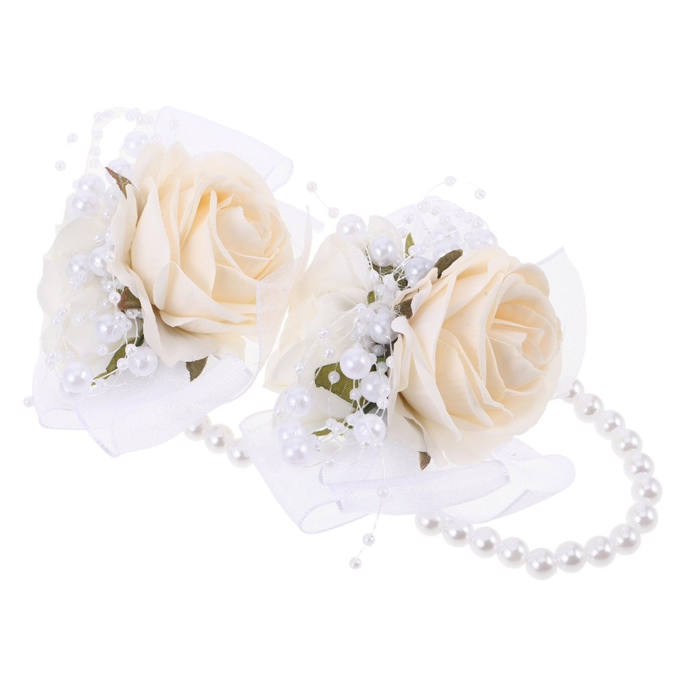 2 Pcs Wedding Corsage Wristlet With Artificial Flowers And Pearl For Bridesmaids
