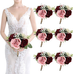 Lilac & Blush Burgundy Bridesmaid Bouquets Set of 6 for Wedding 2024